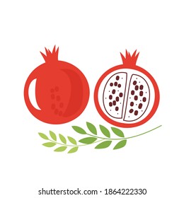 Pomegranate fruit with green leaves icon sign isolated on white background vector illustration. Cute hand drawn fruit.