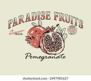 Ilustración vintage retro dibujado a mano de fruta de granada, diseño de camiseta vintage de frutas de verano, arte gráfico de granada 