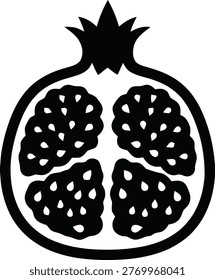 Pomegranate fruit icon, cross section showing seeds, black silhouette vector illustration isolated on white background.