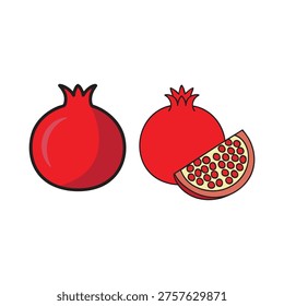 Pomegranate fruit icon vector illustration in a clean and simple style. Perfect for food designs, healthy eating projects, educational materials, recipe apps, and digital or print artwork. Minimalist and vibrant vector ideal for icons, menus, posters, or children’s educational graphics.
