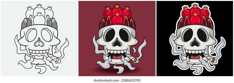 Pomegranate Fruit Inside Skull Head With Smoking Character Cartoon. Black White, Colorful and Sticker Style. For T shirt print, Brand Logo, Label and Mascot product. Vectors Illustrations