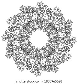 fruta granada en mandala, patrones intrincados con elementos frutales, página de colorante antiestrés con ilustración vectorial de rizos de doodle