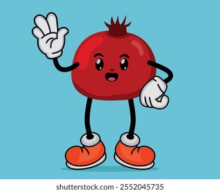 Mascote de frutas romã acenando mão com expressão feliz em estilo de desenho animado plano ou mascote de frutas romã com braços e pernas