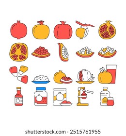 frutas romã natureza ícones orgânicos definir vetor. vermelho doce, vitamina fresca, suculento maduro, alimento saudável, verão natural, frutas vegetarianas romã natureza cor orgânica Contorno Ilustrações