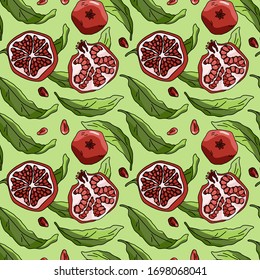 Pomegranate fruit on green backdrop. Healthy food seamless pattern for wallpaper, wrap paper, sleeper, bath tile, apparel or bed linen. Phone case or cloth print. Drawn style stock vector illustration