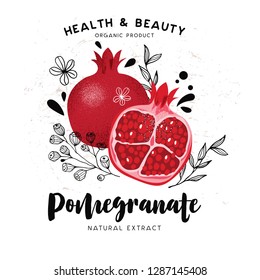 Pomegranate fruit package design template. Tropical fruit. Vector illustration.