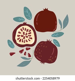 Pomegranate fruit pattern, red juicy halves with leaves and seeds, colorful doodle modern art, hand drawn vector illustration,  vector background for summer.