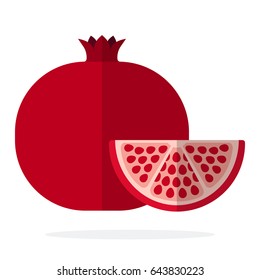 Pomegranate fruit and a piece of pomegranate vector flat material design isolated on white