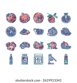 pomegranate fruit red food doodle icons set vector. half, seed fresh, ripe juice, leaf cut, juicy, green sweet, slice leaves, organic pomegranate fruit red food sketch hand drawn