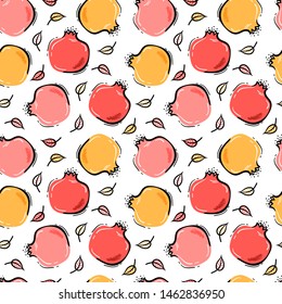 Pomegranate Fruit Repeating Background. Seamless Pattern with Hand Drawn Doodle Pomegranates and Leaves. Colorful Fruits Wallpaper. Healthy Summer Food Background