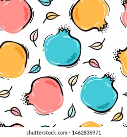 Pomegranate Fruit Repeating Background. Seamless Pattern with Hand Drawn Doodle Pomegranates and Leaves. Colorful Fruits Wallpaper. Healthy Summer Food Background