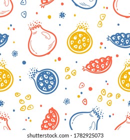 Pomegranate Fruit Repeating Background. Seamless Pattern with Hand Drawn Doodle Pomegranates. Colorful Fruits Wallpaper. Healthy Summer Food Background