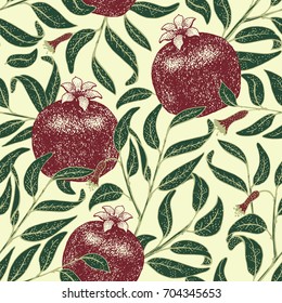 Pomegranate fruit retro vector seamless pattern. Botanical fruit. Engraved pomegranate. Vector illustration