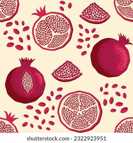 Pomegranate fruit seamless pattern. Bright leaves and fruits, seeds and lobules. Shana Tova seamless pattern. Jewish New Year Happy Rosh Hashanah, Yalda