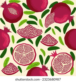 Pomegranate fruit seamless pattern. Bright leaves and fruits, seeds and lobules. Shana Tova seamless pattern. Jewish New Year Happy Rosh Hashanah, Yalda