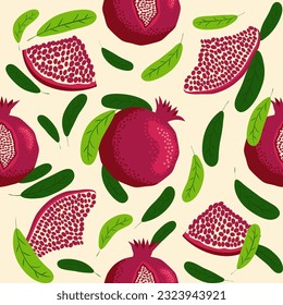 Pomegranate fruit seamless pattern. Bright leaves and fruits, seeds and lobules. Shana Tova seamless pattern. Jewish New Year Happy Rosh Hashanah, Yalda