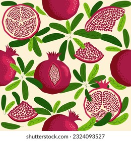 Pomegranate fruit seamless pattern. Bright leaves and fruits, seeds and lobules. Shana Tova seamless pattern. Jewish New Year Happy Rosh Hashanah, Yalda