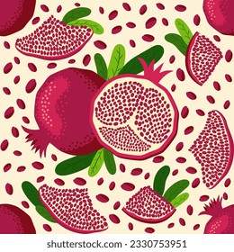 Pomegranate fruit seamless pattern. Bright leaves and fruits, seeds and lobules. Shana Tova seamless pattern. Jewish New Year Happy Rosh Hashanah, Yalda