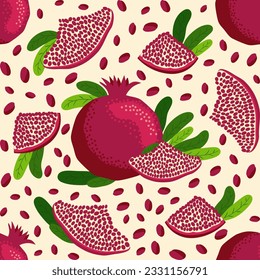 Pomegranate fruit seamless pattern. Bright leaves and fruits, seeds and lobules. Shana Tova seamless pattern. Jewish New Year Happy Rosh Hashanah, Yalda