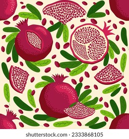 Pomegranate fruit seamless pattern. Bright leaves and fruits, seeds and lobules. Shana Tova seamless pattern. Jewish New Year Happy Rosh Hashanah, Yalda