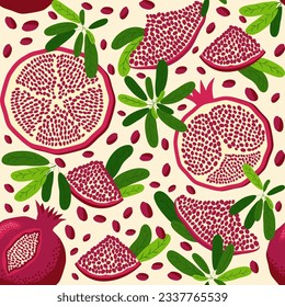 Pomegranate fruit seamless pattern. Bright leaves and fruits, seeds and lobules. Shana Tova seamless pattern. Jewish New Year Happy Rosh Hashanah, Yalda