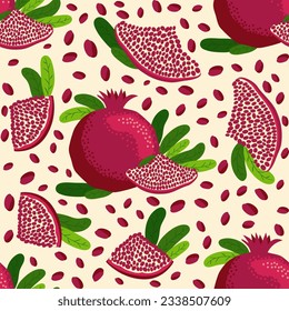 Pomegranate fruit seamless pattern. Bright leaves and fruits, seeds and lobules. Shana Tova seamless pattern. Jewish New Year Happy Rosh Hashanah, Yalda