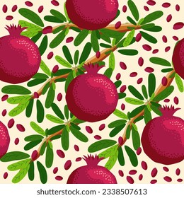 Pomegranate fruit seamless pattern. Bright leaves and fruits, seeds and lobules. Shana Tova seamless pattern. Jewish New Year Happy Rosh Hashanah, Yalda