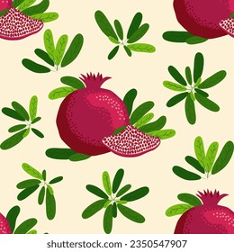 Pomegranate fruit seamless pattern. Bright leaves and fruits, seeds and lobules. Shana Tova seamless pattern. Jewish New Year Happy Rosh Hashanah, Yalda