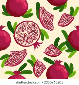 Pomegranate fruit seamless pattern. Bright leaves and fruits, seeds and lobules. Shana Tova seamless pattern. Jewish New Year Happy Rosh Hashanah, Yalda