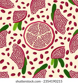 Pomegranate fruit seamless pattern. Bright leaves and fruits, seeds and lobules. Shana Tova seamless pattern. Jewish New Year Happy Rosh Hashanah, Yalda