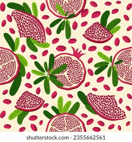 Pomegranate fruit seamless pattern. Bright leaves and fruits, seeds and lobules. Shana Tova seamless pattern. Jewish New Year Happy Rosh Hashanah, Yalda