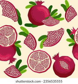 Pomegranate fruit seamless pattern. Bright leaves and fruits, seeds and lobules. Shana Tova seamless pattern. Jewish New Year Happy Rosh Hashanah, Yalda