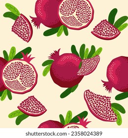 Pomegranate fruit seamless pattern. Bright leaves and fruits, seeds and lobules. Shana Tova seamless pattern. Jewish New Year Happy Rosh Hashanah, Yalda