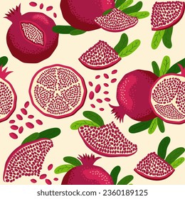 Pomegranate fruit seamless pattern. Bright leaves and fruits, seeds and lobules. Shana Tova seamless pattern. Jewish New Year Happy Rosh Hashanah, Yalda