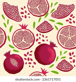 Pomegranate fruit seamless pattern. Bright leaves and fruits, seeds and lobules. Shana Tova seamless pattern. Jewish New Year Happy Rosh Hashanah, Yalda