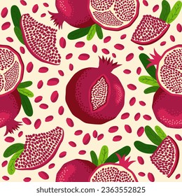 Pomegranate fruit seamless pattern. Bright leaves and fruits, seeds and lobules. Shana Tova seamless pattern. Jewish New Year Happy Rosh Hashanah, Yalda