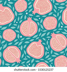 Pomegranate fruit seamless pattern design background in pink, red and green. Hand drawn healthy food tossed vector repeat.