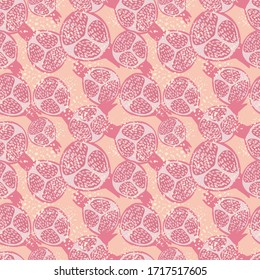 Pomegranate fruit seamless pattern. Geometric pomegranates wallpaper in doodle style. Hand drawn vector illustration. Design for fabric, textile print, wrapping, kitchen textile. 