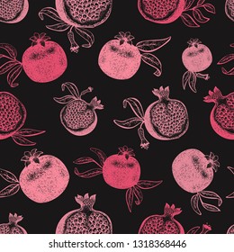 Pomegranate fruit seamless pattern. Hand drawn vector fruit illustration on chalk board. Engraved style retro botanical background. Can be use for design menu, packaging, recipes, market products.