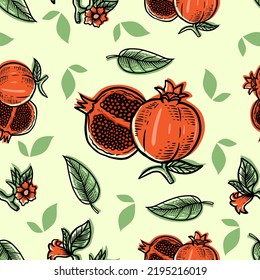 Pomegranate fruit seamless pattern hand drawn illustration
