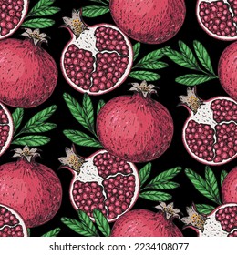 Pomegranate fruit seamless pattern. Hand drawn design. Vector illustration. Design, package, brochure illustration. Pomegranate background illustration. Design for packaging design and other.