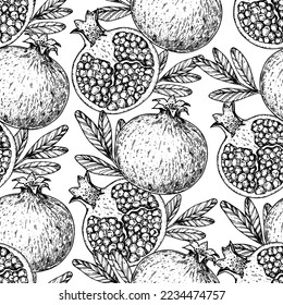 Pomegranate fruit seamless pattern. Hand drawn design. Vector illustration. Design, package, brochure illustration. Pomegranate background illustration. Design for packaging design and other.