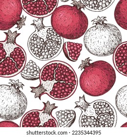 Pomegranate fruit seamless pattern. Hand drawn design. Vector illustration. Design, package, brochure illustration. Pomegranate background illustration. Design for packaging design and other.