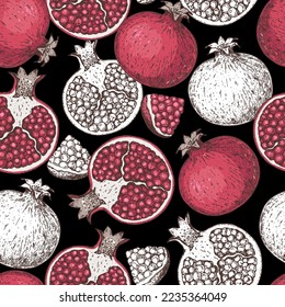 Pomegranate fruit seamless pattern. Hand drawn design. Vector illustration. Design, package, brochure illustration. Pomegranate background illustration. Design for packaging design and other.