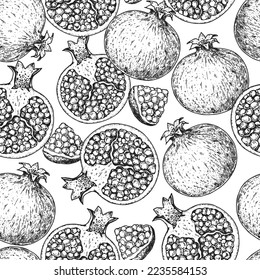 Pomegranate fruit seamless pattern. Hand drawn design. Vector illustration. Design, package, brochure illustration. Pomegranate background illustration. Design for packaging design and other.