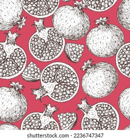 Pomegranate fruit seamless pattern. Hand drawn design. Vector illustration. Design, package, brochure illustration. Pomegranate background illustration. Design for packaging design and other.