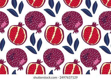 Patrón sin fisuras de la fruta de la granada, garabato dibujado a mano. Vector plano Plantilla de alimentos para el diseño de vivero, mercado de agricultores, tienda. Fruta entera y media fruta cortada con fondo de hojas para el Fondo de pantalla, textil