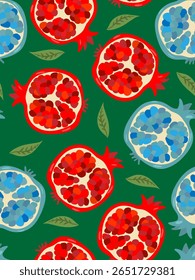 pomegranate fruit seamless pattern vibrant red and blue design on green background fresh art print decorative food wallpaper design