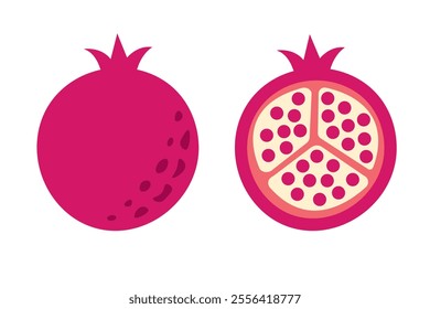 Pomegranate fruit with seeds. Colored exotic pomegranate whole and half cutted fruit. Vector illustration isolated in white background