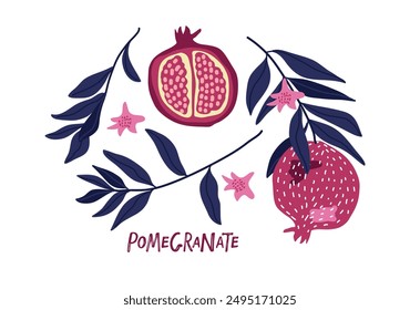 Fruta de granada engastada con inscripción, garabato dibujado a mano aislado en blanco. Vector Plantilla de alimentos para el diseño, pegatina, logotipo, concepto de dieta, mercado de agricultores. Fruta entera, mitad fruta cortada, hojas, flores.